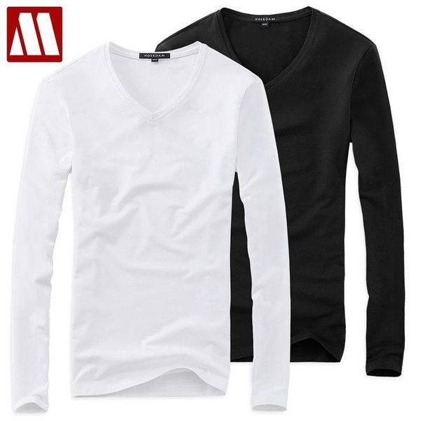 

plus size summer style solid v neck t shirt men 5xl cotton long sleeve camisa masculina mens 16color black navy tshirt 201116, White;black