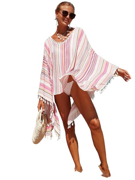 

striped tassel detail cover up q7n9#, White;black