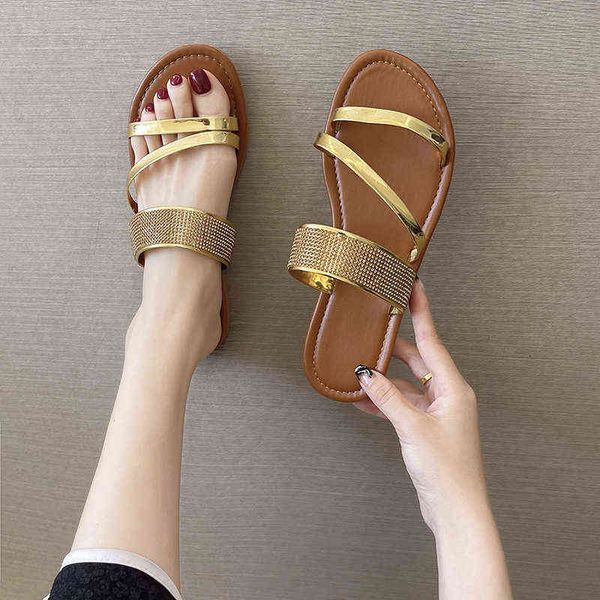 

2022 new summer fashion gold silver patent leather flat heel sandals bling rhinestone narrow band beach casual women's slippers, Black