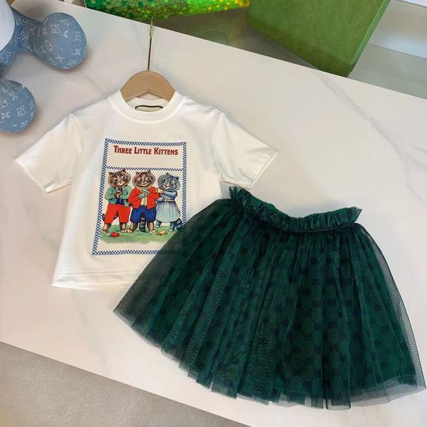 

child designer clother sets girl pleated skirt with letter cats childrens kids short sleeve t-shirt shorts set suit brand skirt cotton tees, White