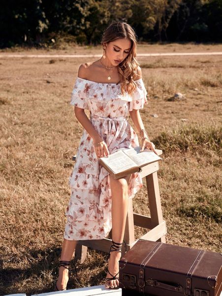 

floral print off shoulder ruffle trim two layer hem belted dress l4s7#, Black;gray