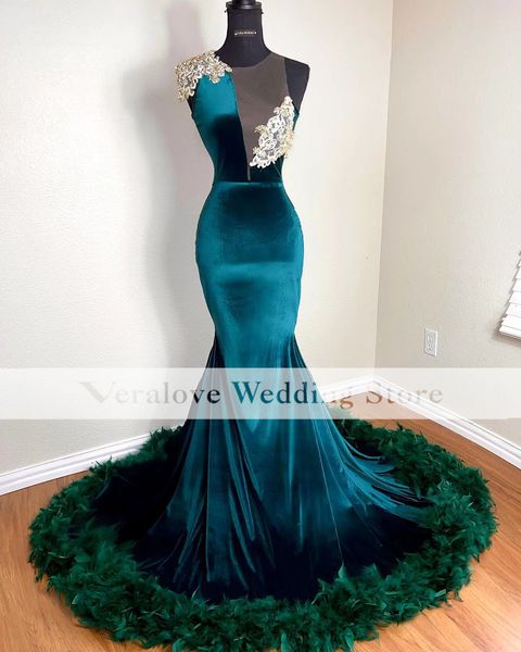 

real images aso ebi mermaid evening dress with feathers blue velvet prom dress party gowns robes de soirÃ©e, Black