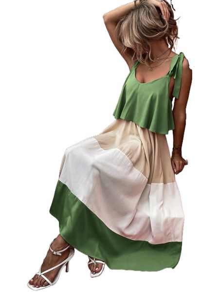 

color-block tie shoulder cami dress n1in#, Black;gray