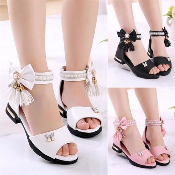 

kids bow children girls summer cute beach sandals princess fashion high heels tassel school shoes 220607, Black;red