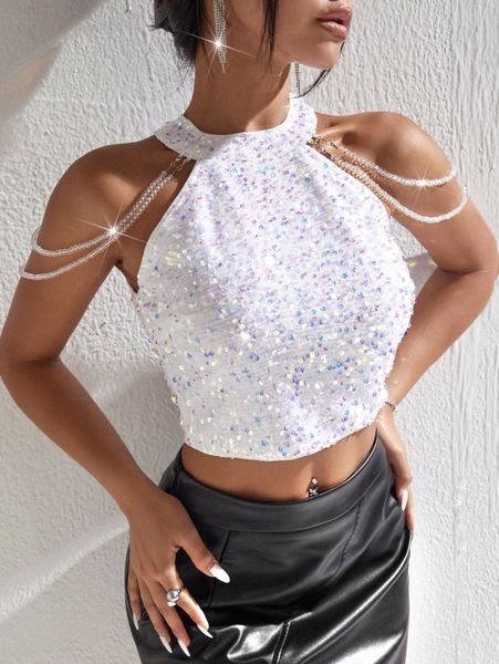 

halter neck chain sequin crop q4iz#, White