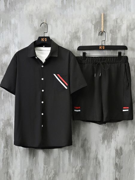 

men striped print shirt & drawstring waist shorts without tee l5s4#, Gray