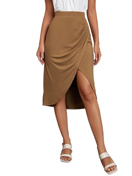 

high waist ruched wrap hem skirt o1ac#, Black