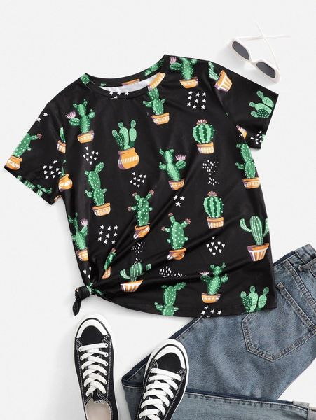 

allover plants print crew neck tee v40o#, White