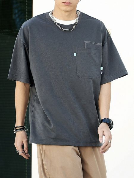 

men 1pc patched pocket drop shoulder tee v29d#, White;black