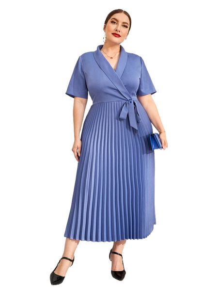 

plus shawl collar knot side pleated dress i8ie#, Black