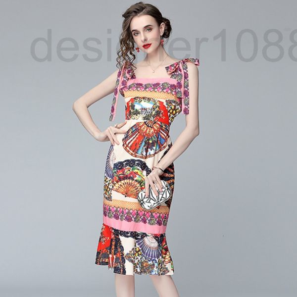 

casual dresses designer summer printed women's bow suspender sleeveless temperament waist bag hip fishtail dress women 3p7k, Black;gray