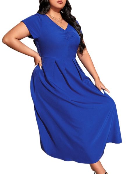 

plus solid ruched a-line dress 50ol#, Black