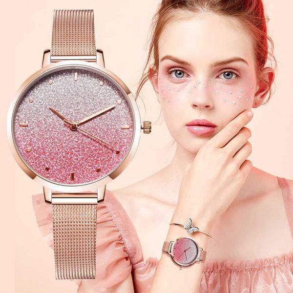 Mulheres Quartzo Rosa Relógio Luxo Marca Assista Simples Rose Ouro Aço Inoxidável Skeleton Star Pulseira Relógios Relógios