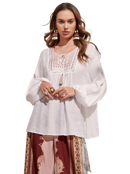 

graphic print fringe detail tie neck blouse y5bl#, White