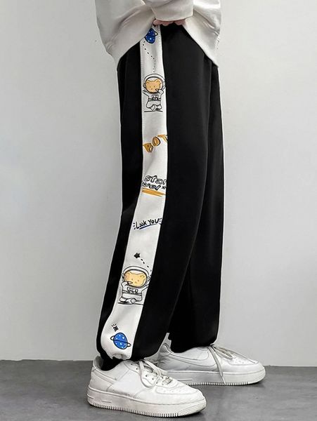 

men cartoon graphic contrast side seam sweatpants r9h2#, Black