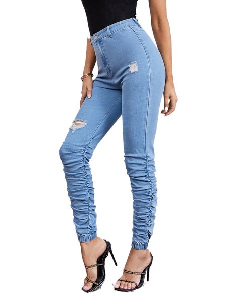 

high waist ripped stacked jeans 553n#, Blue