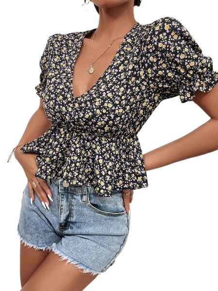

ditsy floral deep v neck blouse u4mp#, White