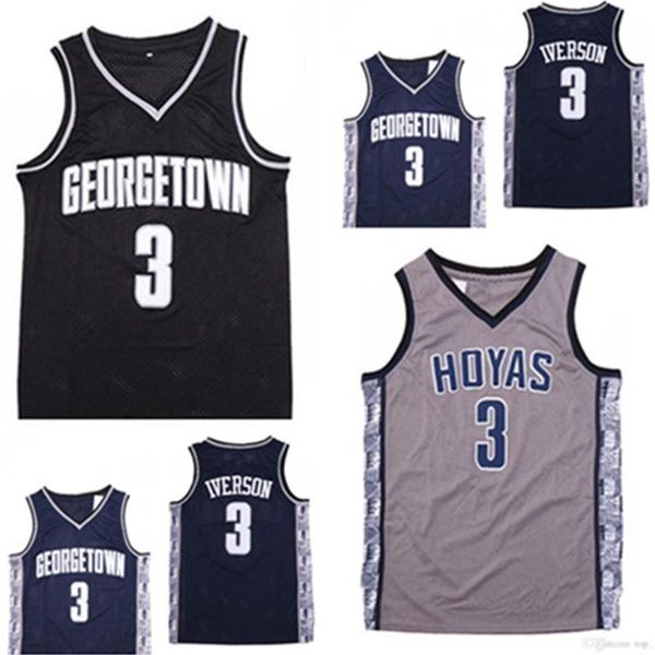 Georgetown Hoyas Allen 3 Iverson Kolej Basketbol Jersey Üniversitesi #3 Allen Iversson lacivert lise basketbol formaları dikişli boyut S-2XL Erkekler Gömlek