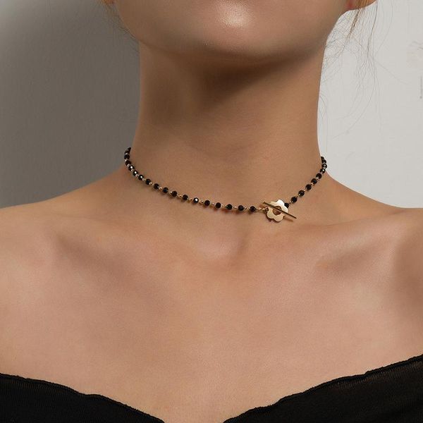 Catene Moda Lusso Nero Cristallo Perline Collana girocollo a catena per donna Fiore Lariat Collare con lucchetto Regali Catene