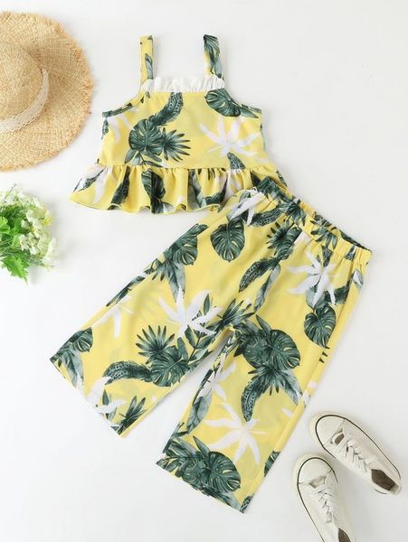 

girls tropical print ruffle hem crop cami & wide leg pants she, White