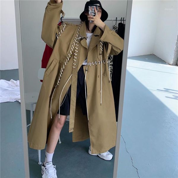 Trench feminino Coats 2022 Oversiza Hip Hop Mulheres Casaco Destrução Bandagem Long Patchwork