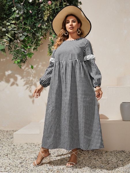 

plus bishop sleeve gingham print smock dress r296#, Black