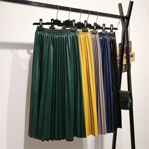 

pu skirt women autumn winter midi long korean elegant pleated high waist leather skirt female a line office skirt 210319, Black