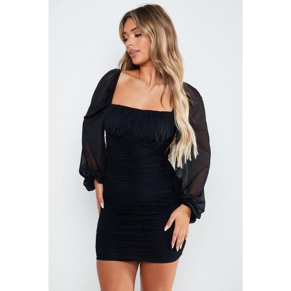 

casual dresses black mesh balloon sleeve milkmaid ruched bodycon dress, Black;gray
