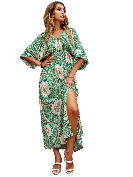 

floral print split thigh dress x6gc#, Black;gray