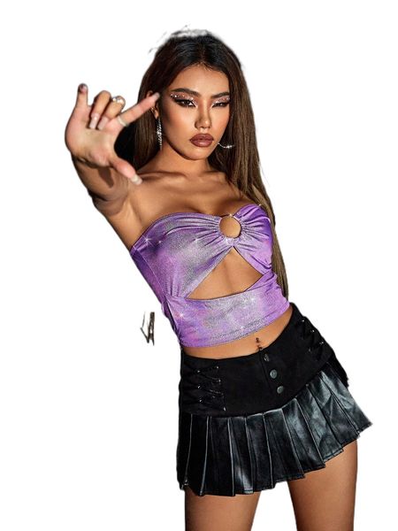 

o-ring ruched peekaboo front metallic tube e2zx#, White