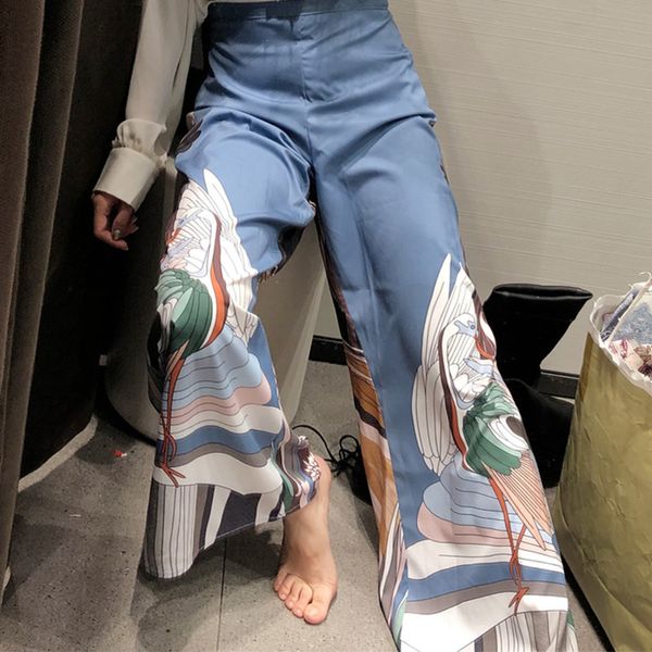 Japon geniş bacak pantolon kadın ukiyoe baskı yaz pantolon gevşek pantolonlar palazzo pantolon mavi giyim cx220316