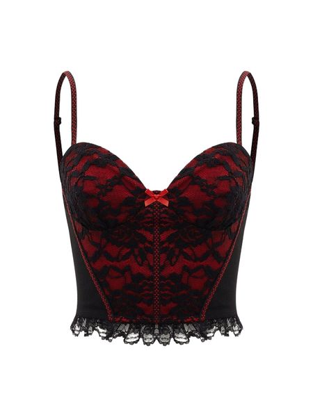 

contrast lace ruffle trim bow bustier crop cami p4ke#, White