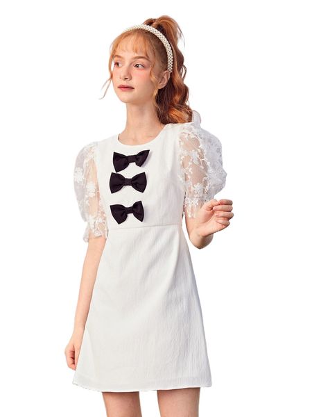 

teen girls bow front contrast mesh puff sleeve dress n7uf#, Black;white