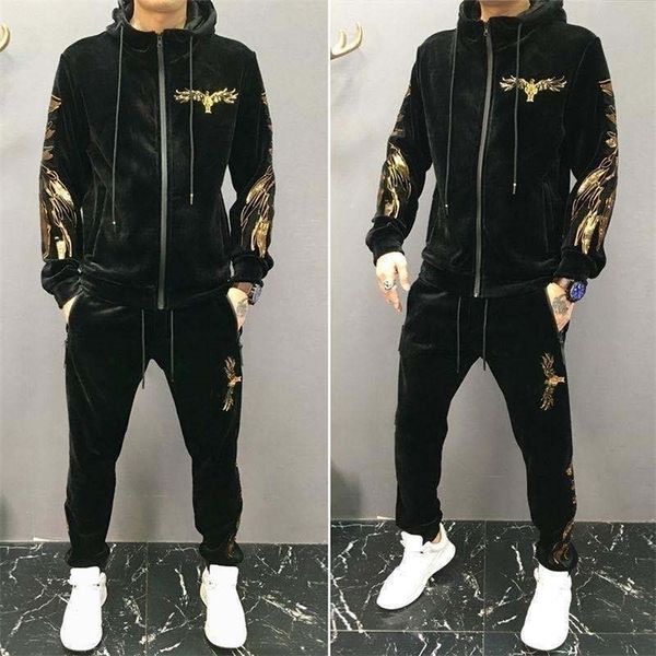 

gold velvet padded pleuche casual sports suit mens slim winter twopiece mens fashion 201109, Gray