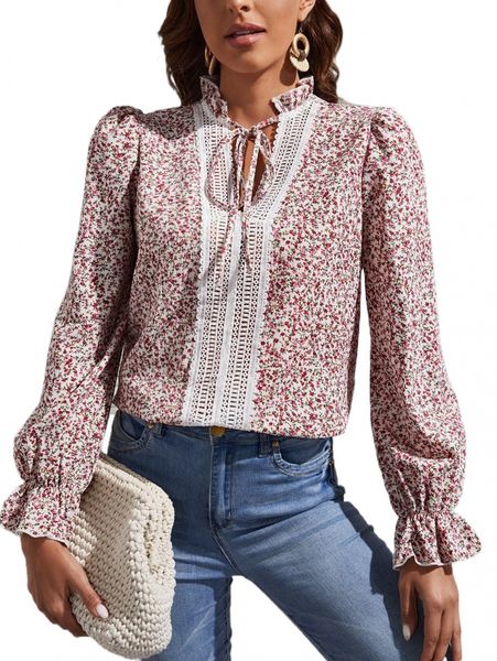 

frill trim tie front ditsy floral print appliques lace h4lx#, White