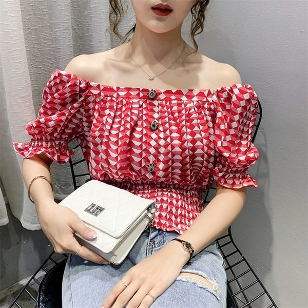 

summer women's blouse shirt new french retro plaid women's shirt flavor shoulder blusas t200608, White