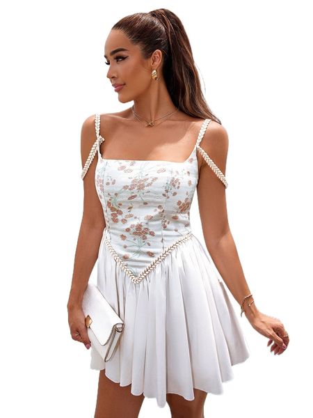 

floral embroidery pleated hem cami dress t988#, Black;gray