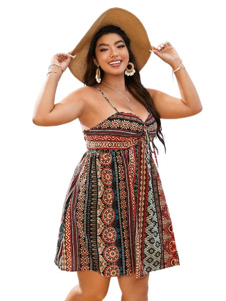 

plus geo print knot front cami dress u7el#, Black