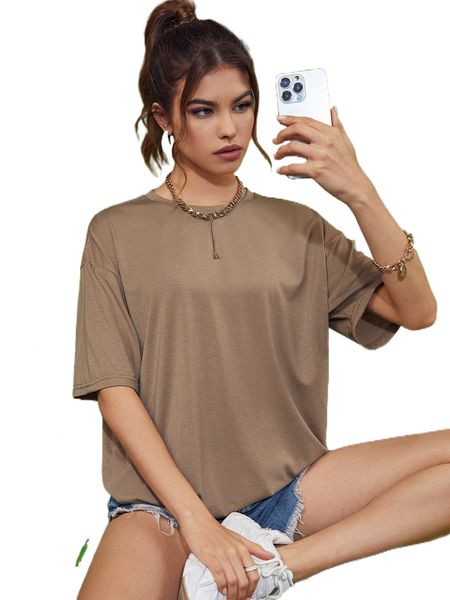 

solid round neck drop shoulder tee f0pv#, White