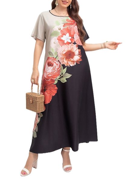 

plus floral print contrast binding tunic dress d0qh#, Black