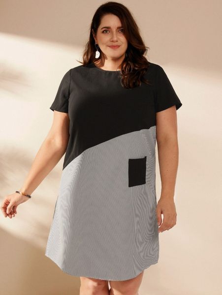 

emery rose plus striped panel patched pocket tunic dress p45a#, Black