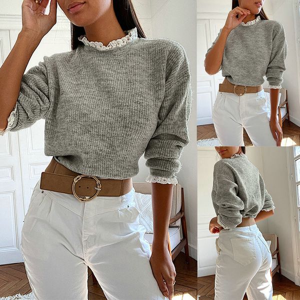 

fashion women sweaters grey round neck lace edge sweater long sleeve splicing pullover high street style autumn 2021 aa, White;black