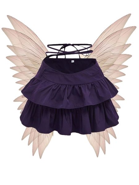

solid layered hem tie back skirt k0zz#, Black