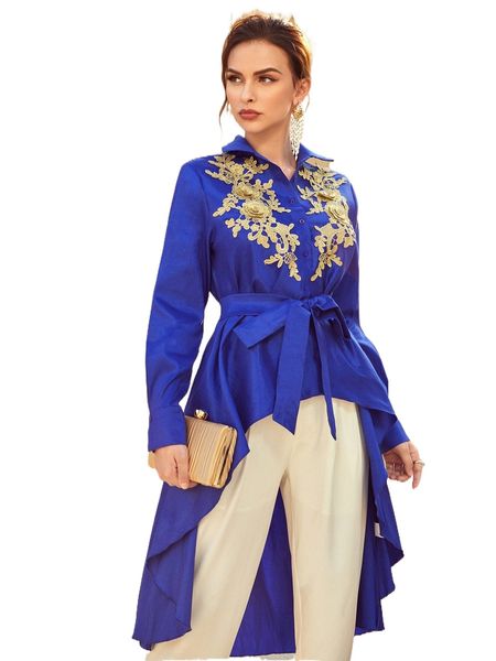 

floral embroidered belted high low blouse b4pa#, White