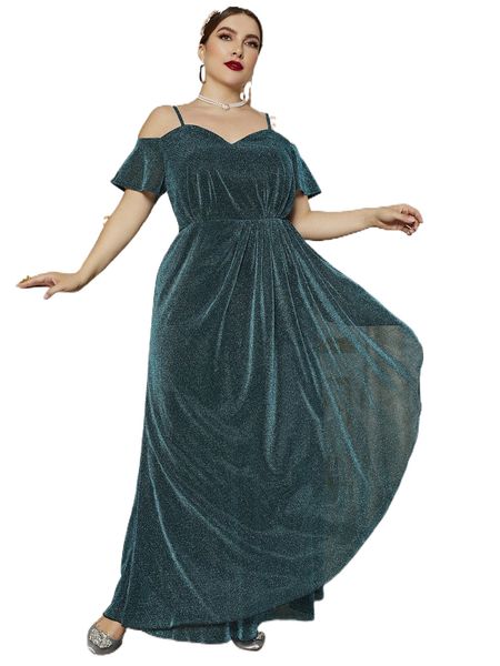 

plus cold shoulder wrap hem glitter maxi dress y1pj#, Black