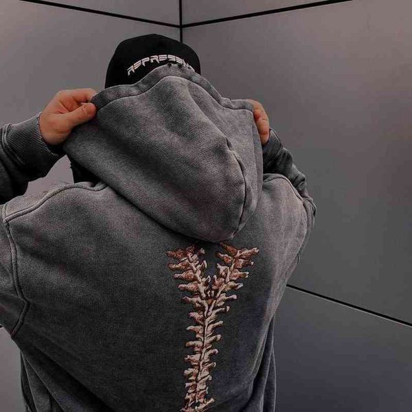 

skeleton present damage washing old fashion loose tide brand high street hip hop hooded sweater coat man, Black