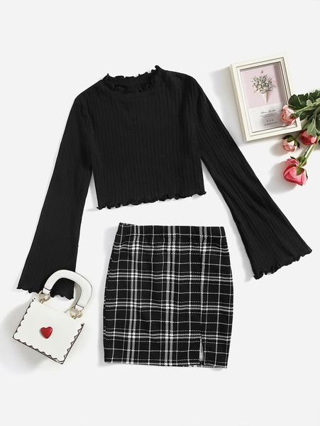 

girls solid lettuce trim & tartan print split hem skirt she, White