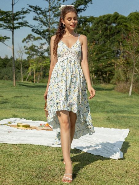 

tie backless high low hem floral dress 16gq#, Black;gray