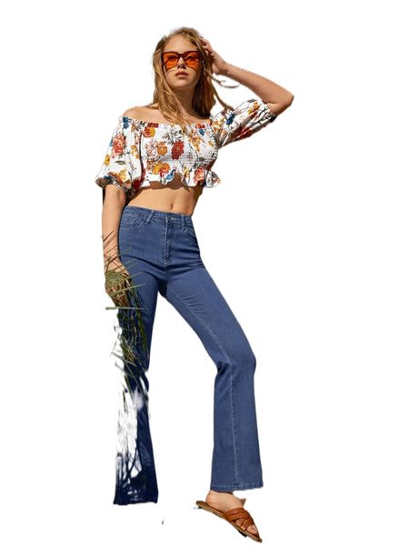 

f.loral print s.hirred bodice r.uffle h.em c.rop t.op q0go#, White