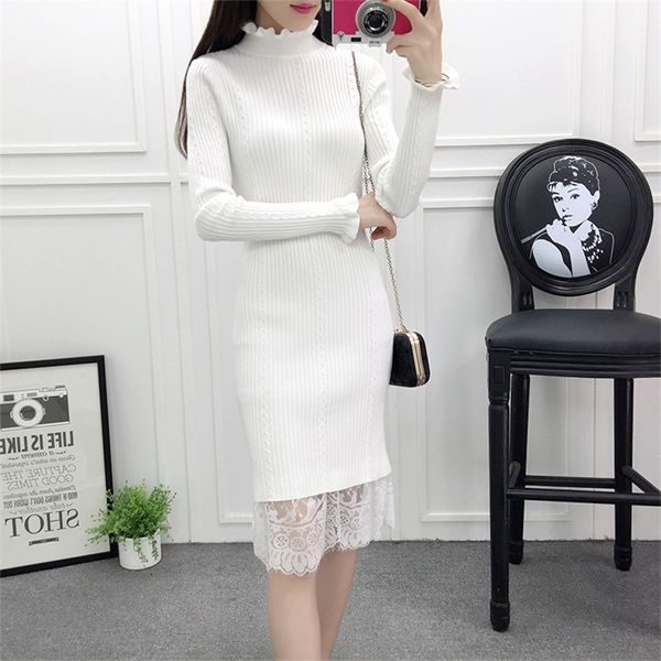 Yeni kış kadın moda termal örme fırfırlar balıkçı yaka dantel diz boyu kazak elbise bayanlar ince fit bodycon jumper elbise t200526